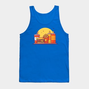 Burger, French fries And Soft Drink With Mustard And Sauce Cartoon Tank Top